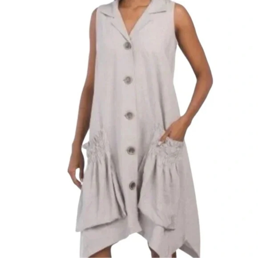 For Cynthia Linen Blend Lagenlook Sleeveless A-Line Shirt Dress Size S